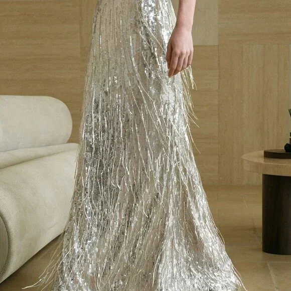 Silver Party Women's Sequin Fringe Mermaid maxi skirt - Picture 3 of 7